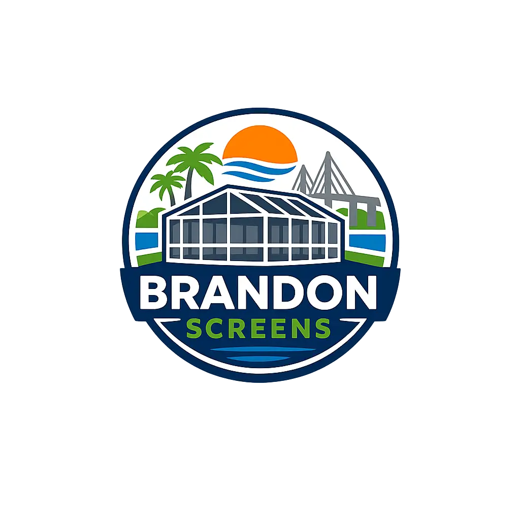 Brandon Screens logo featuring stylized pool enclosure with sun and palm trees in Brandon, FL
